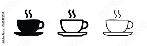 Hot Coffee or Tea Cup Icon Set with Steam in Various Styles