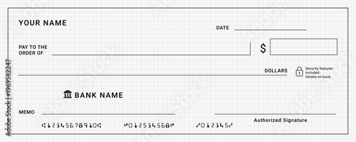 Bank check template vector with grid pattern background. Blank cheque design layout editable financial document. Business payment clean check template