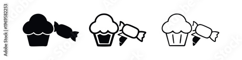 Delicious Cupcake and Wrapped Candy Icon Set in Multiple Styles