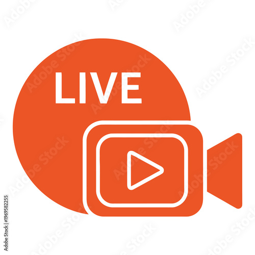 Orange live streaming video camera icon with play button  live video streaming symbol icon