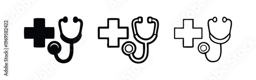 Healthcare Stethoscope and Medical Cross Icon Set, Doctor and Clinic Checkup Vector