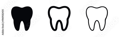 Tooth icon set, dental health and oral hygiene symbols. Black silhouettes and outline variations for medical and healthcare design.