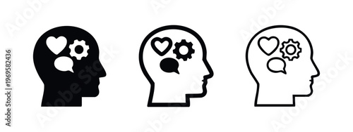 Tableau sur toile Human Head Profile with Heart, Gear, Speech Bubble Icon Set, Mental Process and