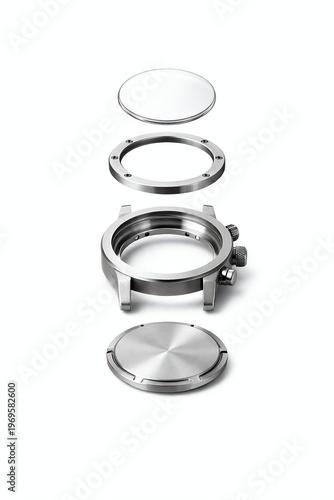 Disassembled Titanium Watch Case Components Exploded View on White Background