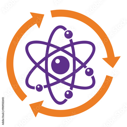 Purple atom symbol with orange circular arrows  science and recycling concept icon