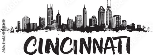 Cincinnati City Skyline Black And White Hand-drawn Vector Illustration With Textured Brush Stroke Typogra