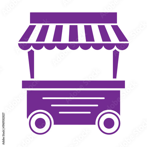 Purple food cart with striped awning on white background icon