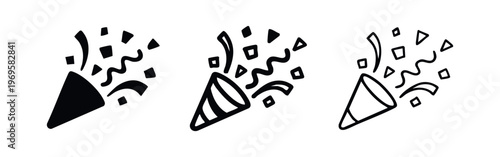 Party popper and confetti icons set. Exploding festive celebration symbol for event, birthday, and joy on white background.