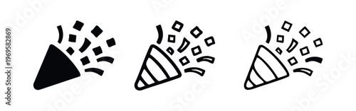 Exploding party popper icons set with festive confetti. Symbol of celebration, event, and joy on white background.