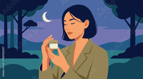 Woman Using Smartphone in Night Forest Scene.