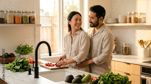 Asian Couple Cooking Healthy Salad in Modern Kitchen, Playful Hug Romantic Lifestyle Moment