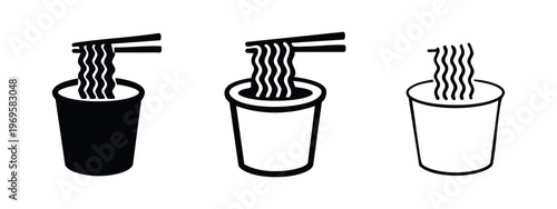 Instant noodles in cup icon set. Hot ramen symbol in hand drawn style.