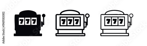 Lucky 777 slot machine icon set in hand drawn style. Casino jackpot symbol.