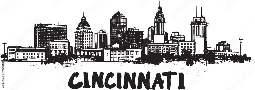 Obraz premium Cincinnati Skyline Silhouette Vector Illustration With Textured Cityscape And Bold City Name