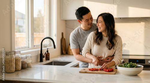 Asian Couple Cooking Healthy Salad in Modern Kitchen, Playful Hug Romantic Lifestyle Moment