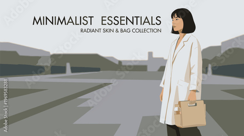 Minimalist Woman Walking on Street in White Coat.