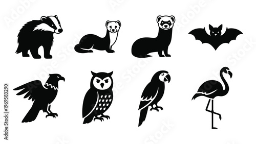 A collection of diverse animal silhouettes including a badger weasel flamingo and several birds in stark contrast high quality professional detailed