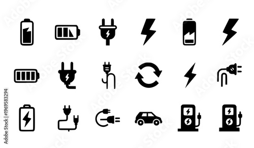 Charging Solid Icon Set Battery Energy Electric Vehicle Vector