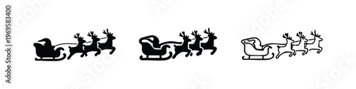Santa's sleigh with three reindeer icon set, Christmas festive season vector illustration.