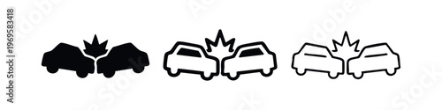 Rear-end car crash accident icon set, vehicle collision and road incident vector.