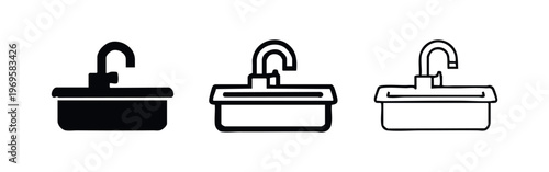 Bathroom sink with faucet icon set, modern home plumbing fixtures vector illustration.