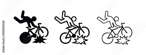Bicycle accident icon set. Cyclist falling off bike after a collision and impact. Road safety symbol.