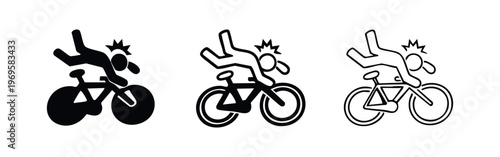 Bicycle accident icon set. Cyclist fall with head impact and injury. Road safety symbol.