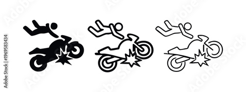 Motorcycle accident icon set. Biker falling off motorbike after a collision and impact. Road safety symbol.