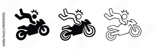 Motorcycle accident icon set. Biker fall with head impact and injury. Road safety symbol.