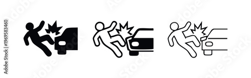 Pedestrian hit by car icon set. Road accident showing side collision and injury. Traffic safety symbol.