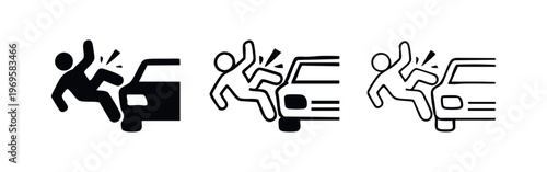 Pedestrian hit by car icon set. Road accident showing rear collision and injury. Traffic safety symbol.