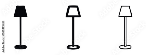 Floor lamp icon set with round base. Modern standing lamp for home lighting and interior design.