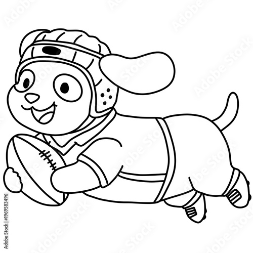 Cute cartoon dog playing American football coloring page - Puppy with helmet and rugby ball line art