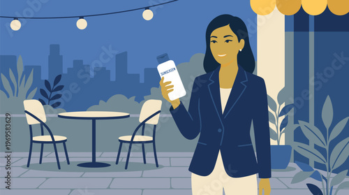 Businesswoman Using Smartphone in Outdoor Cafe Setting.