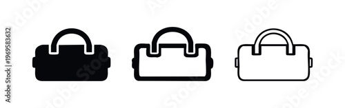 Travel bag icon set. Duffle bag or luggage symbol for journey and gym in three different styles.