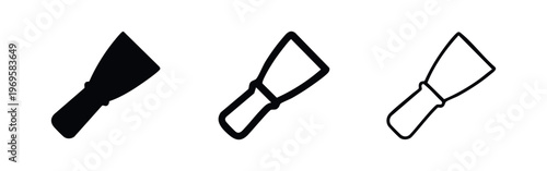 Angled putty knife icon set. Trowel or scraper tool symbol for construction in three styles.