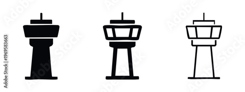 Airport control tower icon set. Air traffic communication symbol for aviation in various styles.