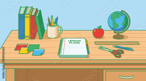 Organized School Desk with Educational Supplies and Books.