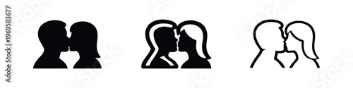 Kissing couple icon set. Romantic heads symbol for love and relationship in three different styles.