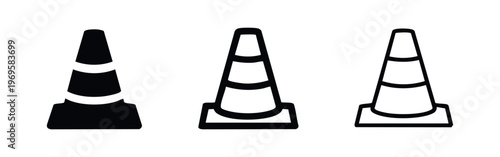 Road cone icon set. Traffic safety symbol with reflective stripes for work zones in various styles.