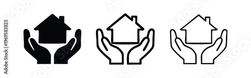 Hands holding house icon set. Home protection, real estate, property insurance concept vector.
