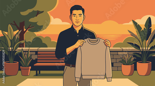 Man Holding Sweater in Outdoor Garden Setting.