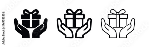 Hands holding a gift box icon set. Give present, surprise, donation, or reward concept illustration.