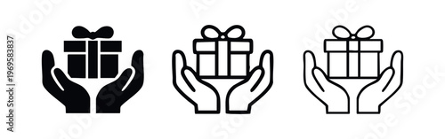 Hands holding gift box icon set. Present, donation, and generosity concept vector illustration.