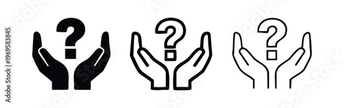 Hands holding a question mark icon set. Query, support, help, or uncertainty concept illustration.