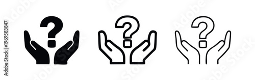 Hands holding a question mark icon set. Query, support, help, or uncertainty concept illustration.