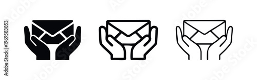 Hands holding an envelope icon set. Mail, message, communication, or newsletter concept illustration.