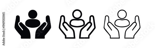 Hands holding a person icon set. Customer care, user support, human resources, or protection concept illustration.