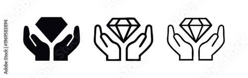 Hands Holding a Diamond Icon Set. Vector illustration of precious jewel care, wealth, and luxury symbol.