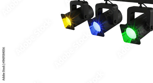 Three Stage Lights Casting Yellow, Blue, and Green Beams
